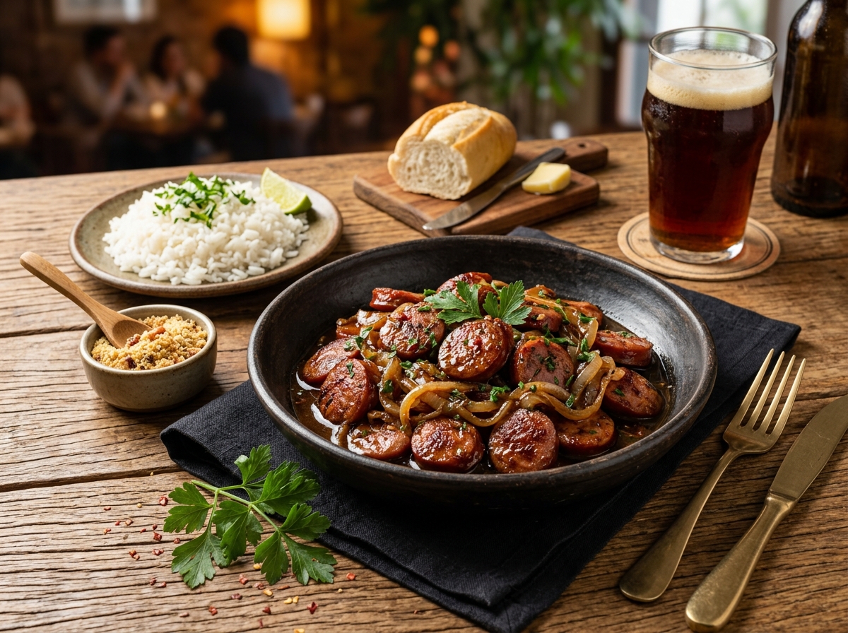 Calabresa Acebolada na Cerveja - receita de calabresa acebolada na cerveja para petisco caseira pronta para servir