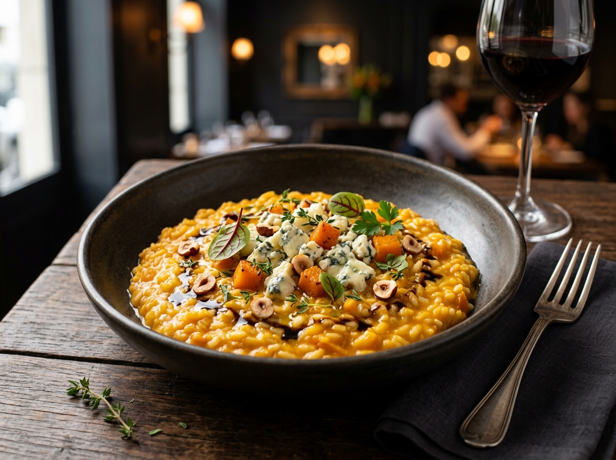Risoto de Abóbora com Gorgonzola - receita de risoto de abóbora com gorgonzola caseira pronta para servir