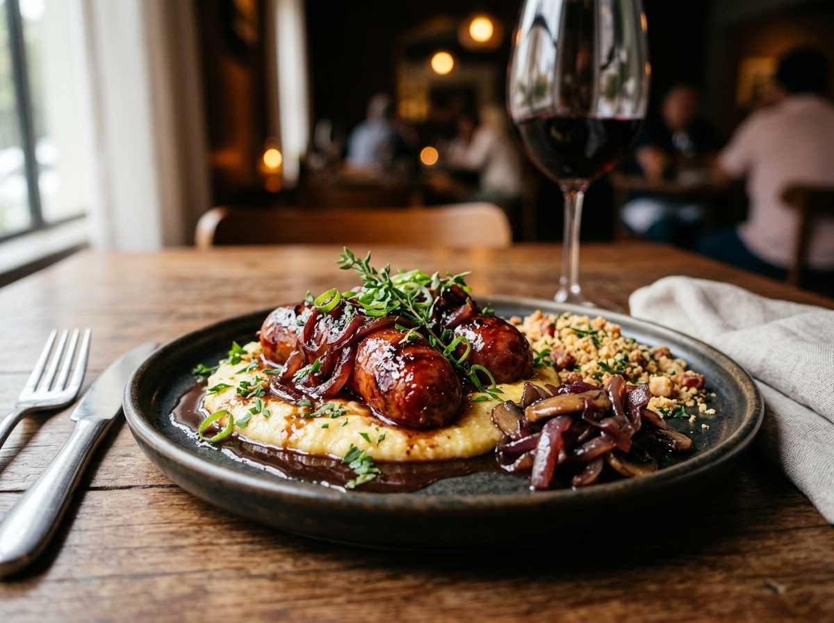 Linguiça Toscana ao Vinho Tinto com Cebola Roxa - receita de linguica toscana ao vinho tinto com cebola roxa caseira pronta para servir