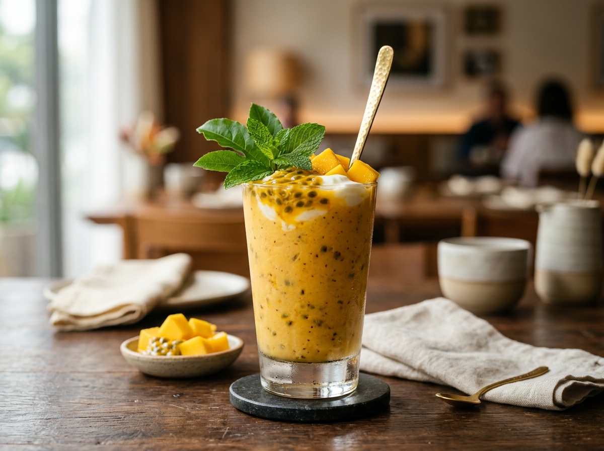 Smoothie de Manga e Maracujá com Iogurte - receita de smoothie de manga e maracujá com iogurte caseira pronta para servir