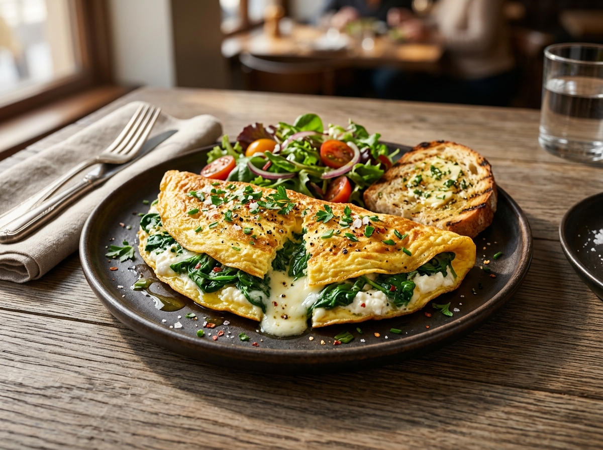 Omelete Recheada com Espinafre e Ricota - receita de omelete recheada com espinafre e ricota caseira pronta para servir