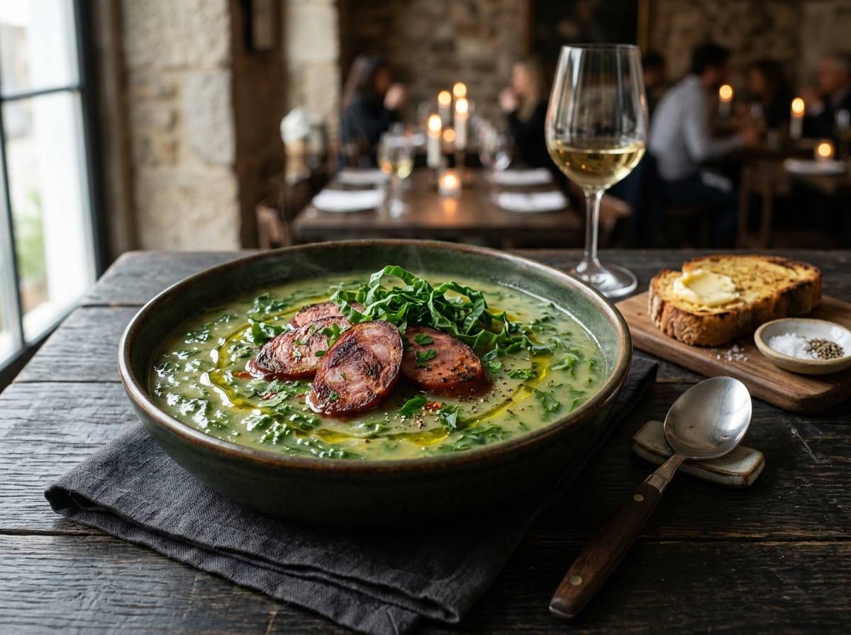 Caldo Verde com Couve e Paio - receita de caldo verde com couve e paio caseira pronta para servir